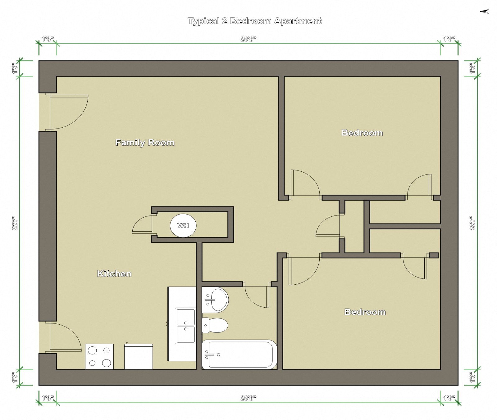 Floor plan for 2 beds, 1 bath, 710 sqft